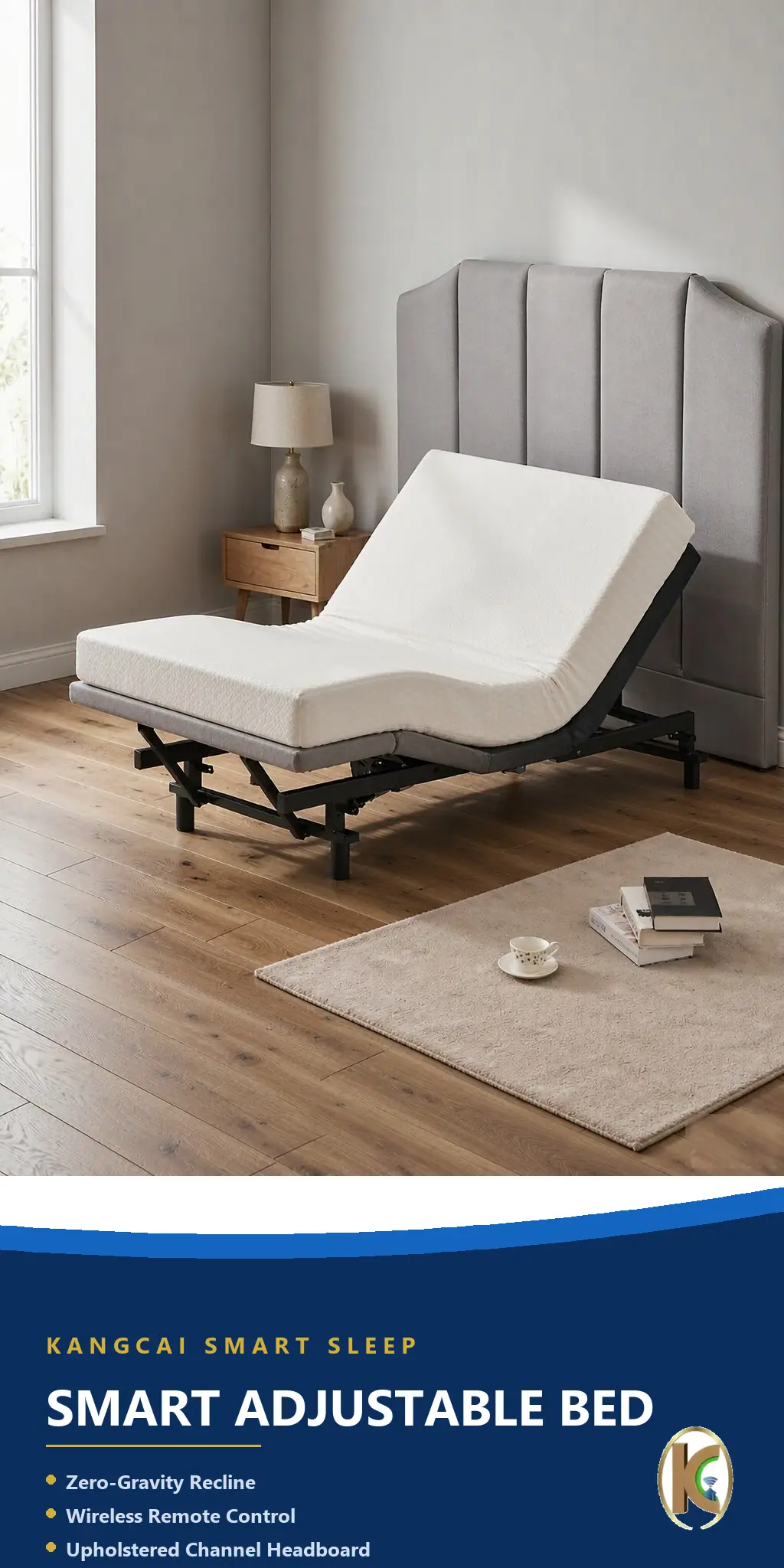 Smart adjustable bed with grey channel-tufted headboard and zero gravity recline