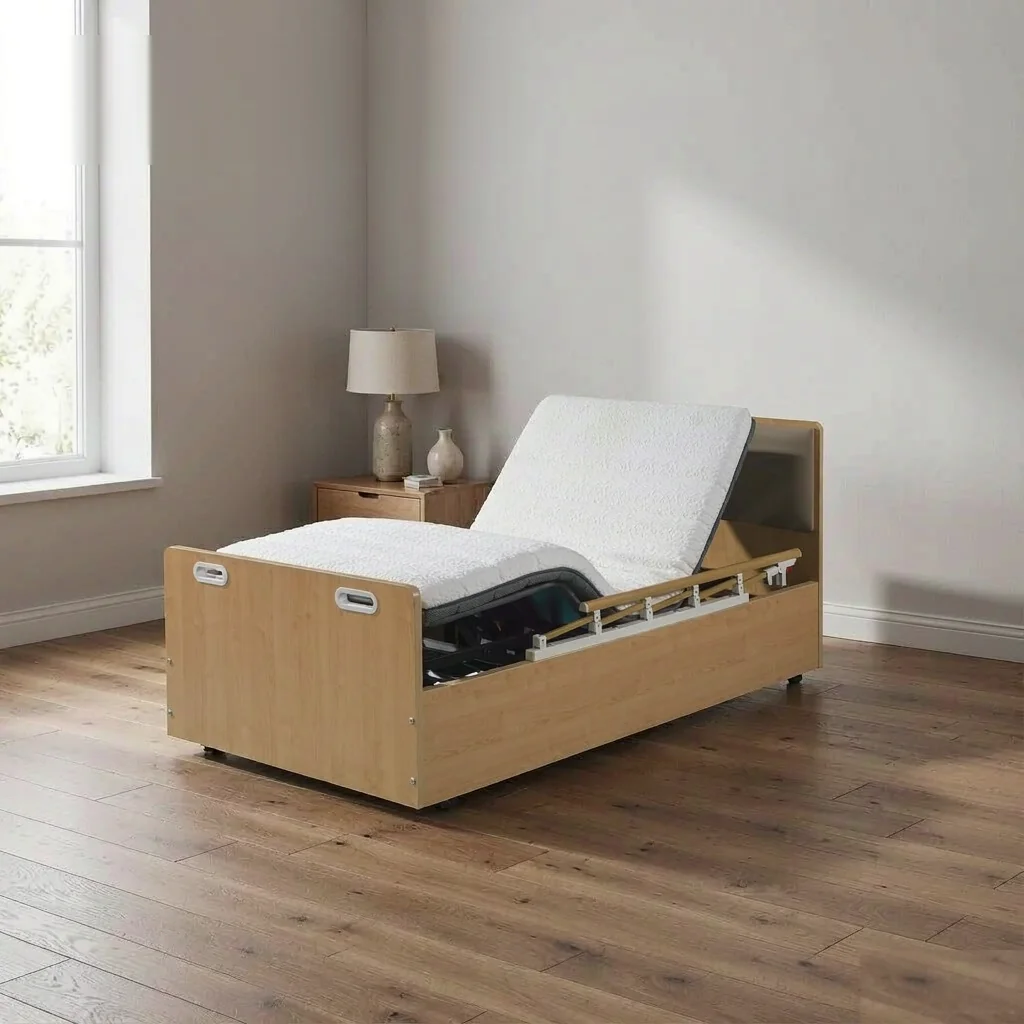 Wooden home care bed with side rails and raised backrest for elderly care in a bedroom