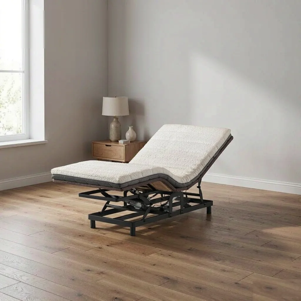 KD008-A1 adjustable bed base with cream quilted mattress in zero gravity position